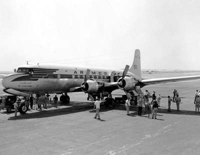 1952 The Flying Camel, Aramco's DC-6B, arrives in Dhahran.