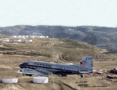 TAP AirplaneTapline, DC-3 flies over the Tapline terminal at Sidon, Lebanon.
